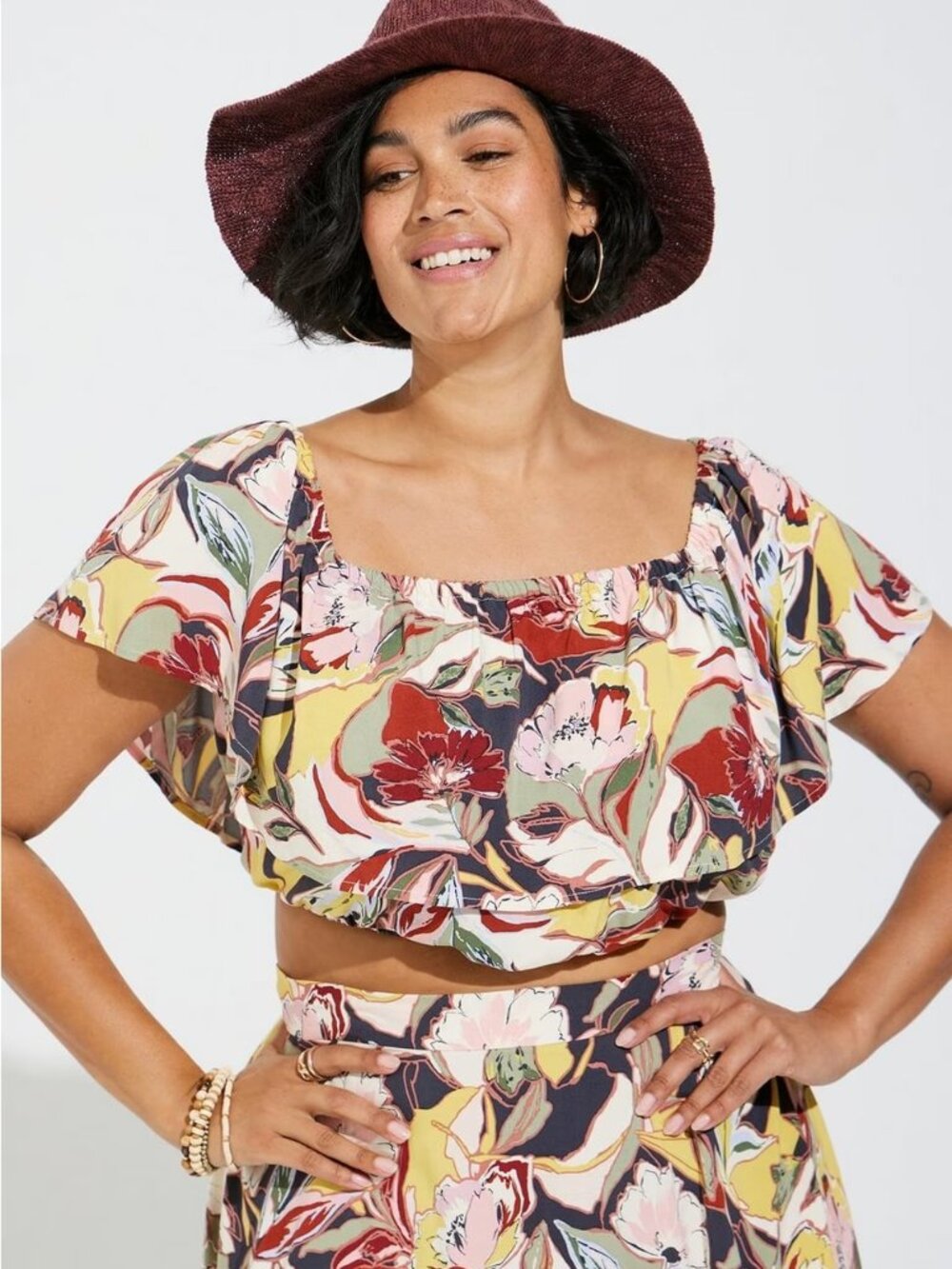Torrid Mini Challis Off‑Shoulder Crop Top — Floral Print — Size 1